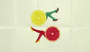 fruits with legs on a paper.