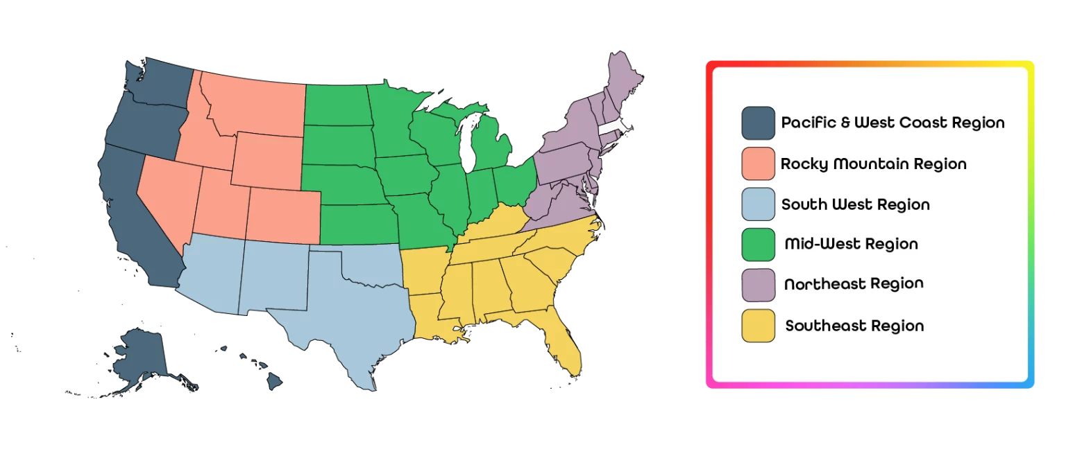 A color-coded map of the United States, divided into six regions.