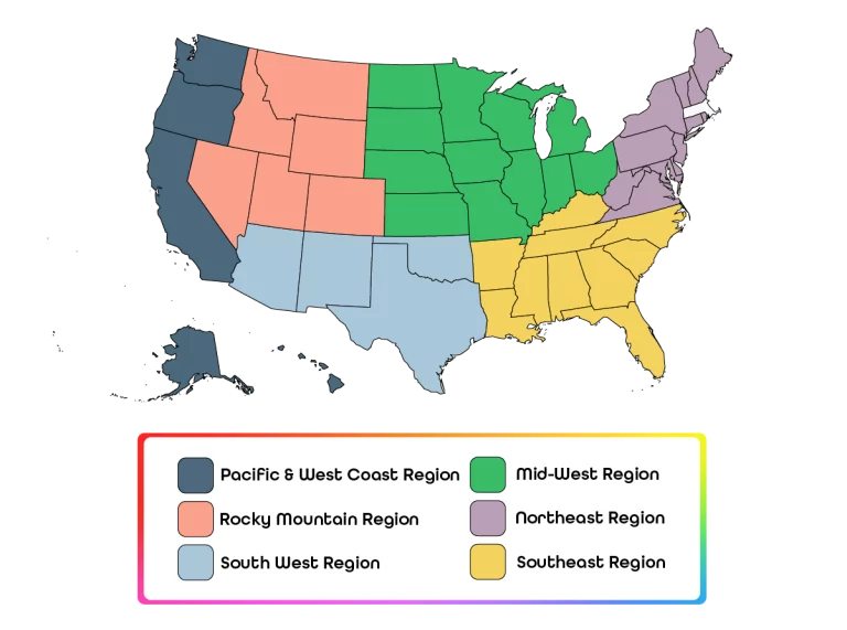 A color-coded map of the United States, divided into six regions.