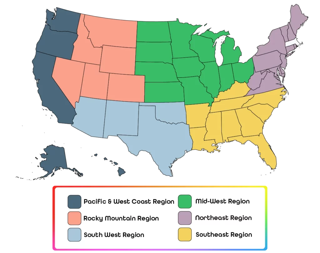 a map of the US divided into 6 regions.