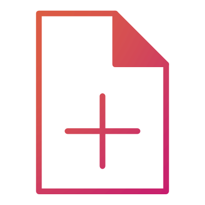 Pink and orange gradient icon of a document with a plus sign.