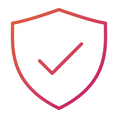 Pink and orange gradient icon of a shield with a check mark.