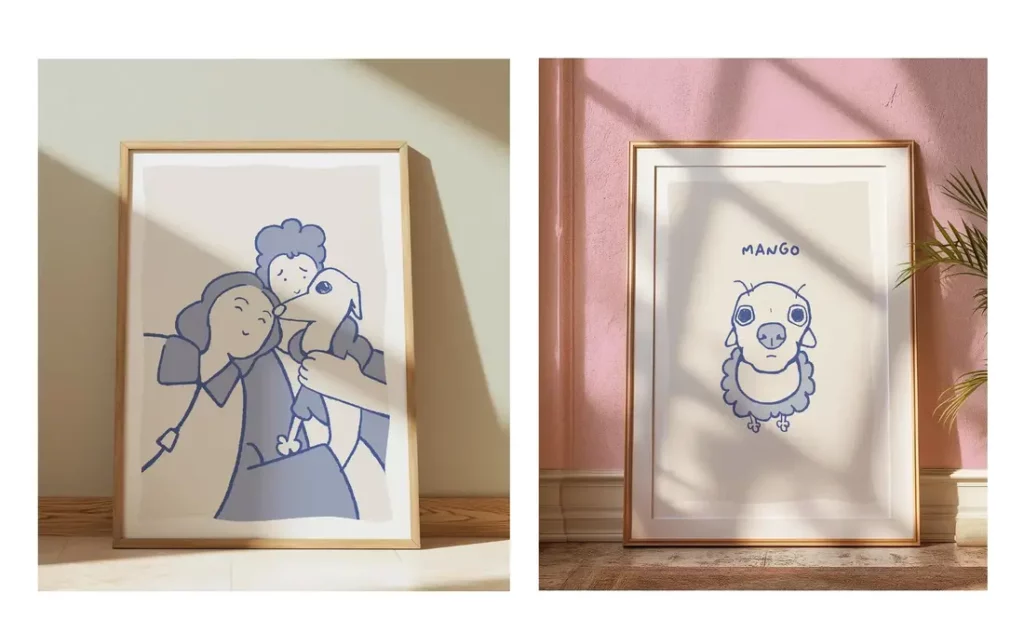 A set of framed, illustrated blue-toned portraits, one depicting a couple and their dog and the other depicting a dog with the text, "Mango."