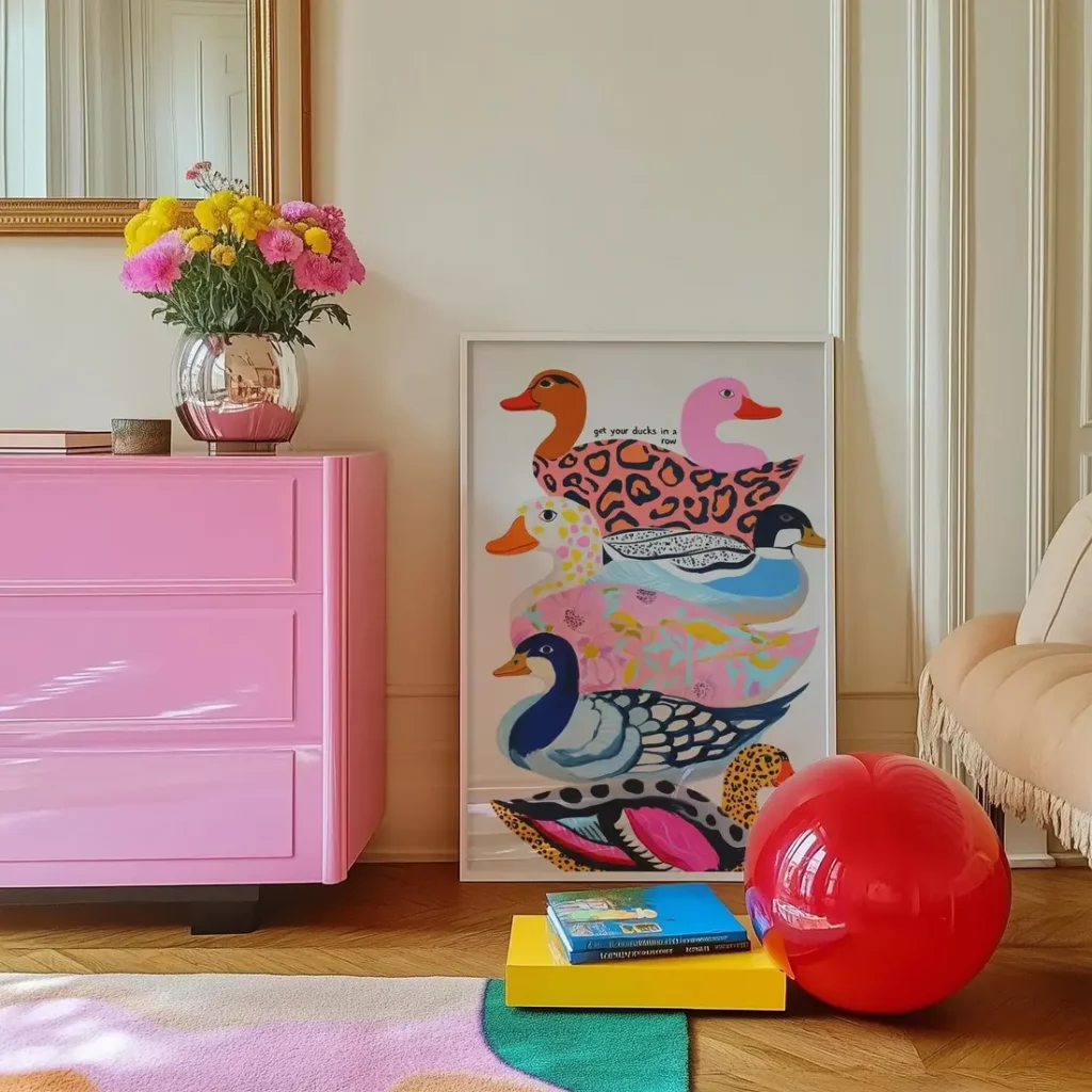 A colorful framed art print of illustrated ducks with in pink, orange, and blue colors sits next to a pink dresser, a colorful stack of books, and a red ball decor piece in a room.