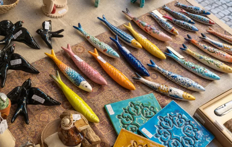 A display of ceramic pieces, including colorful sardines, birds, and mandala coasters, on a craft store display table.